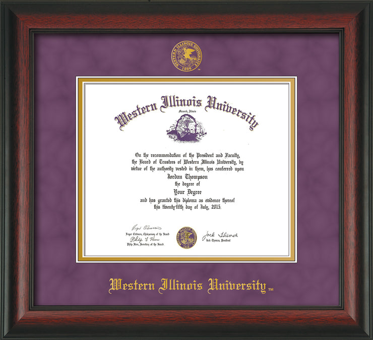 Image of Western Illinois University Diploma Frame - Rosewood - w/Embossed Seal & Name - Purple Suede on Gold mats