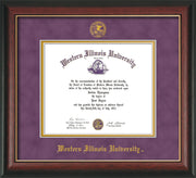 Image of Western Illinois University Diploma Frame - Rosewood w/Gold Lip - w/Embossed Seal & Name - Purple Suede on Gold mats