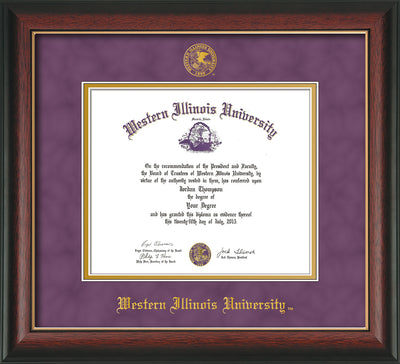 Image of Western Illinois University Diploma Frame - Rosewood w/Gold Lip - w/Embossed Seal & Name - Purple Suede on Gold mats
