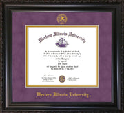 Image of Western Illinois University Diploma Frame - Vintage Black Scoop - w/Embossed Seal & Name - Purple Suede on Gold mats