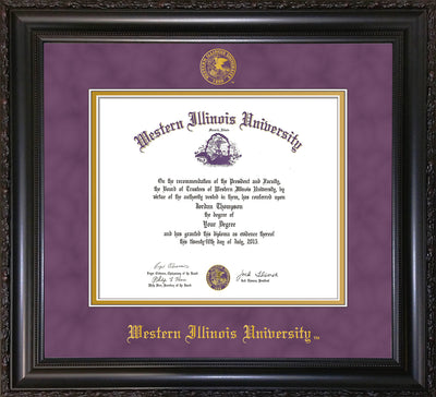 Image of Western Illinois University Diploma Frame - Vintage Black Scoop - w/Embossed Seal & Name - Purple Suede on Gold mats