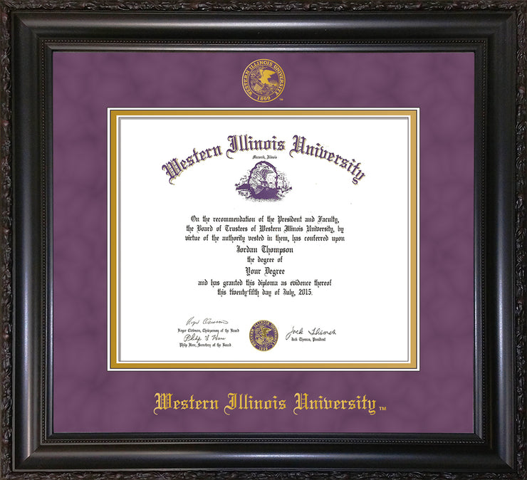 Image of Western Illinois University Diploma Frame - Vintage Black Scoop - w/Embossed Seal & Name - Purple Suede on Gold mats